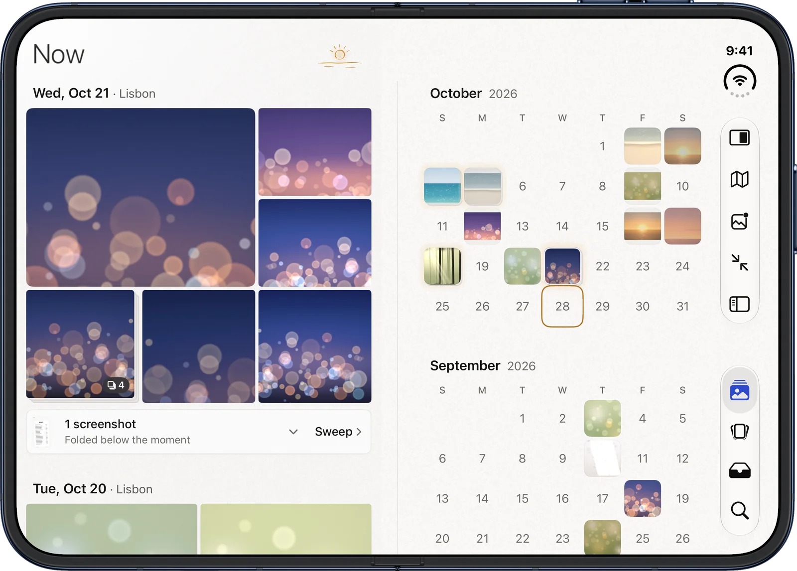 Zeglow on iPhone Duo, open: the timeline on the left page, the Calendar on the right.