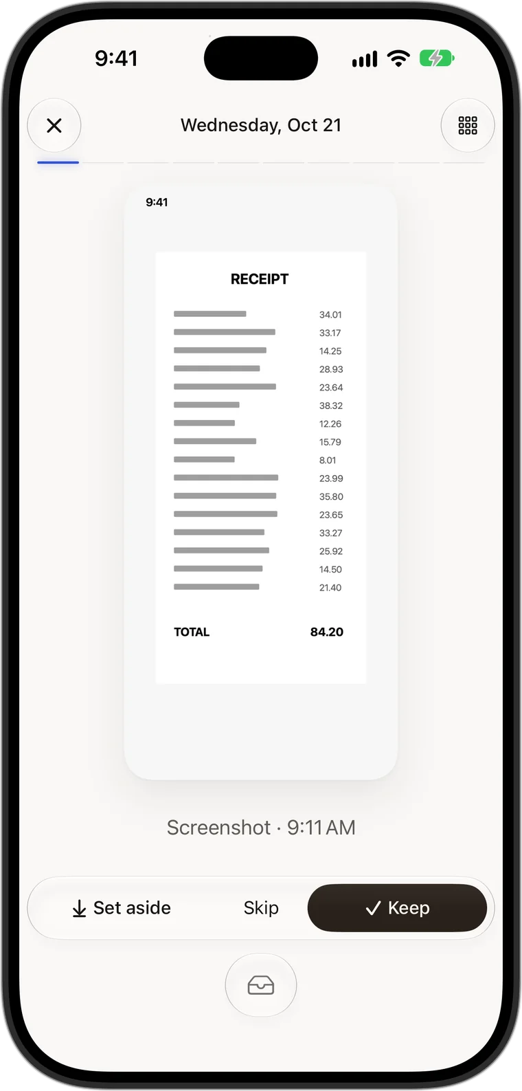 Reviewing a day: a receipt screenshot with Set aside, Skip and Keep beneath it.