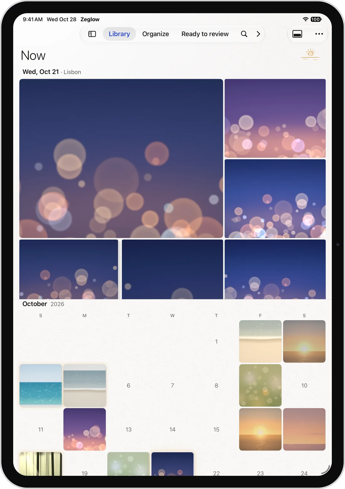Zeglow on iPad: the newest moment above, October’s Calendar below.
