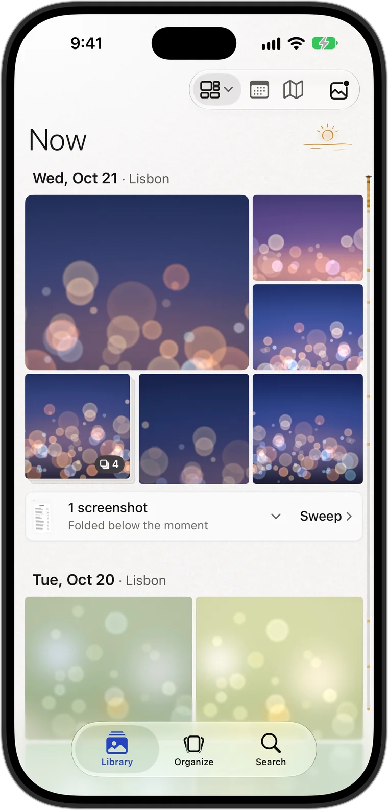 Zeglow’s Library on iPhone: the newest day’s photos gathered into a moment in Lisbon, with a screenshot folded below it.
