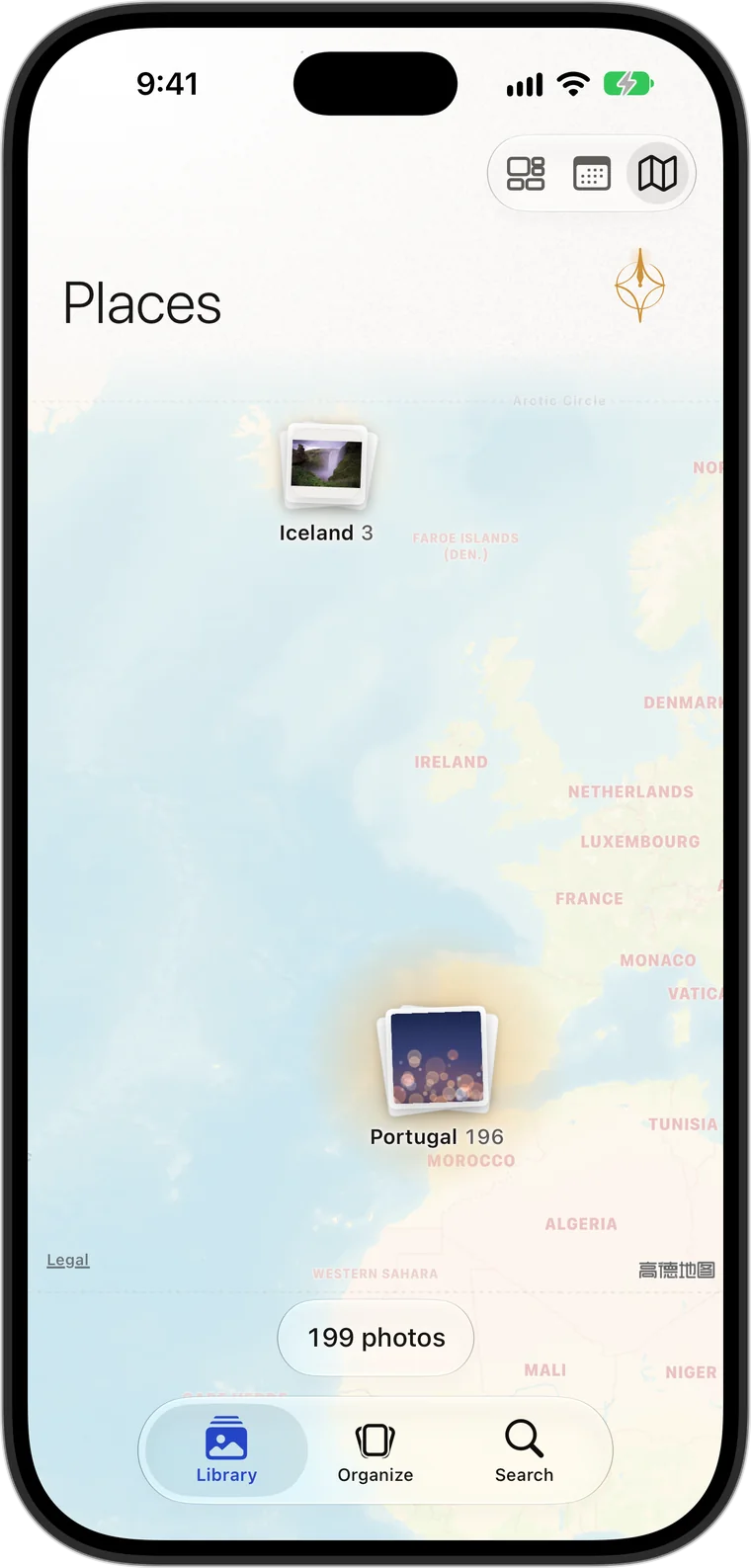 Places: photos pinned to a map, 196 in Portugal and 3 in Iceland.