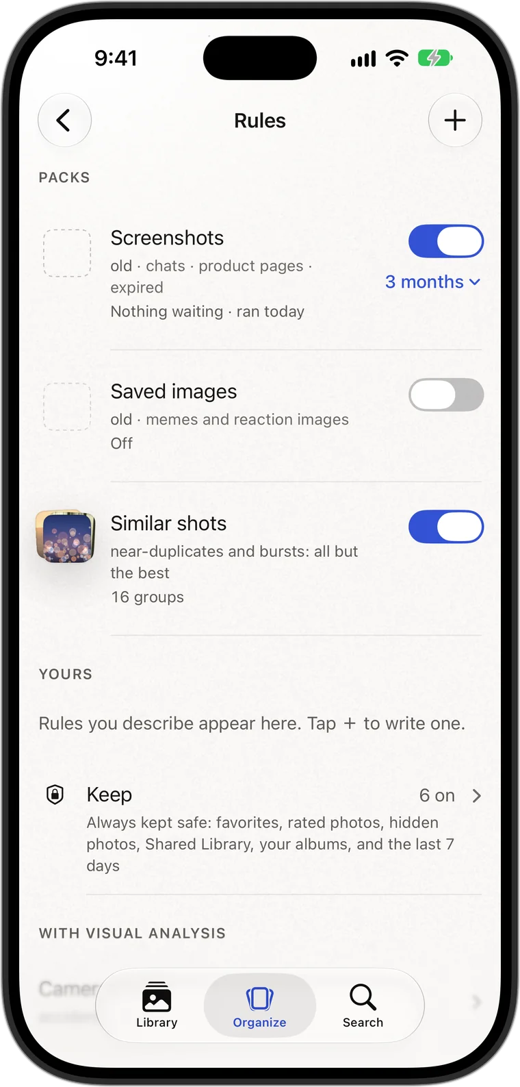 Rules: the Screenshots and Similar shots packs switched on, Saved images off, and the Keep rules that are always on.